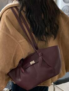 时尚大容量梯形设计奢华PU皮革女士单肩包，设计师款别致锁扣手提包，高品质腋下包 - 黑色 - 查看 5