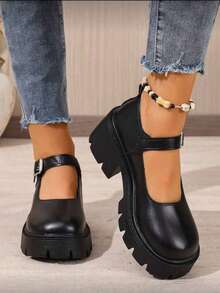 2025年秋季新款厚底玛丽珍皮鞋，复古中跟JK制服乐福鞋，女款 - 黑色 - 查看 1