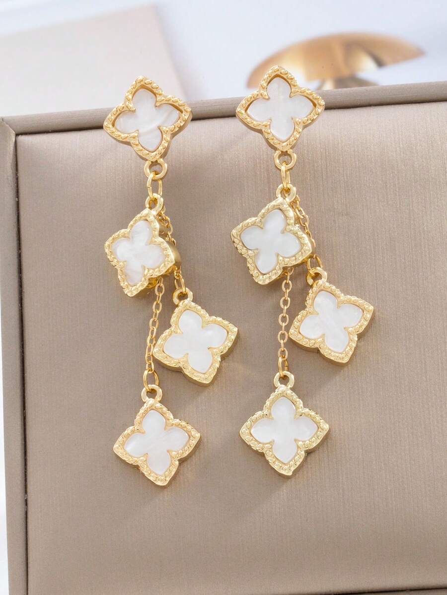 1 Đôi bông tai mặt dây chuyền dài hình cỏ bốn lá thanh lịch và lãng mạn, thích hợp làm quà tặng đáng yêu cho buổi hẹn hò/Ngày Valentine, Ngày của Mẹ hoặc tặng mẹ. - trắng - Xem 1