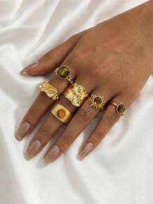 6pcs Niche Design Golden Sunflower & Tiger Eye Stone Ring Set, Unique Design Women's Ring Set, Suitable For Party, Vacation, Photo Shoot, Gift, And Daily Wear - Gold - View 2