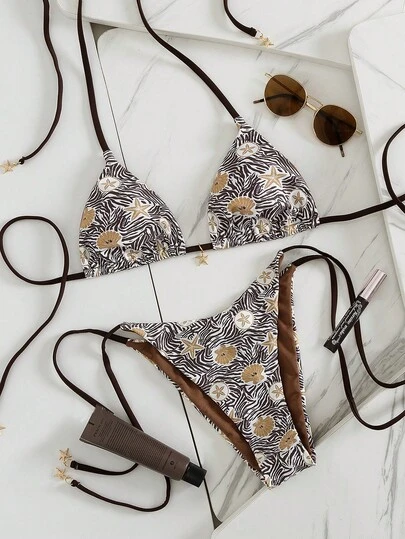 2pcs Women's Elegant Sexy Brown & White Metallic Shell Star Decor Textured Triangle Bikini Set, Retro Y2K Boho Zebra Leopard Print Swimwear, Suitable For Summer Vacation, Honeymoon, Cruise, Beach Party, Valentine's Day, Spring Break, Paired With Loose T-Shirt Jacket, Beach To Brunch Casual Outfit
