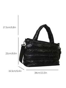 女士绗缝纯色手提包，大容量可折叠拉链封口，休闲街头风冬季手提包 - 黑色 - 查看 5