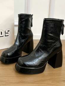 黑色软后拉链欧美风时尚女靴，厚底防水厚底圆头百搭优雅街头风音乐节假日派对踝靴，四季皆宜 - 黑色 - 查看 9