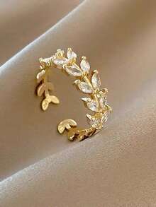 1枚简约法式优雅独特几何叶子设计立方氧化锆铜戒指，适合女性日常、度假、派对搭配，时尚个性。