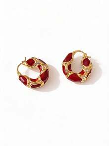 Vintage-Inspired Lightweight Hoop Earrings - Gold Metal With Deep Red Accents & Crystal Embellishments, Effortless Ear Clasp Design For Work & Weekend Wear - Red - View 4