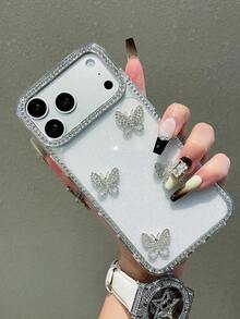 1pc Shiny Transparent Pink Butterfly Decor Full Coverage Phone Case, Compatible With IPhone 17/17 Air/17 Pro/17 Pro Max/16 15, 16 Pro Max; Luxury Phone Case, Compatible With IPhone 13, 14, 12 Pro Max, 11; Shock-Absorbing TPU Protective Cover, Waterproof, Anti-Fall, Anti-Scratch - Clear - View 4