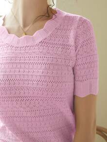 Knit Mix 女士优雅休闲纯色镂空圆领短袖针织T恤，适合春夏穿着，日常、居家、办公、通勤皆宜。 - 粉紅色 - 查看 9