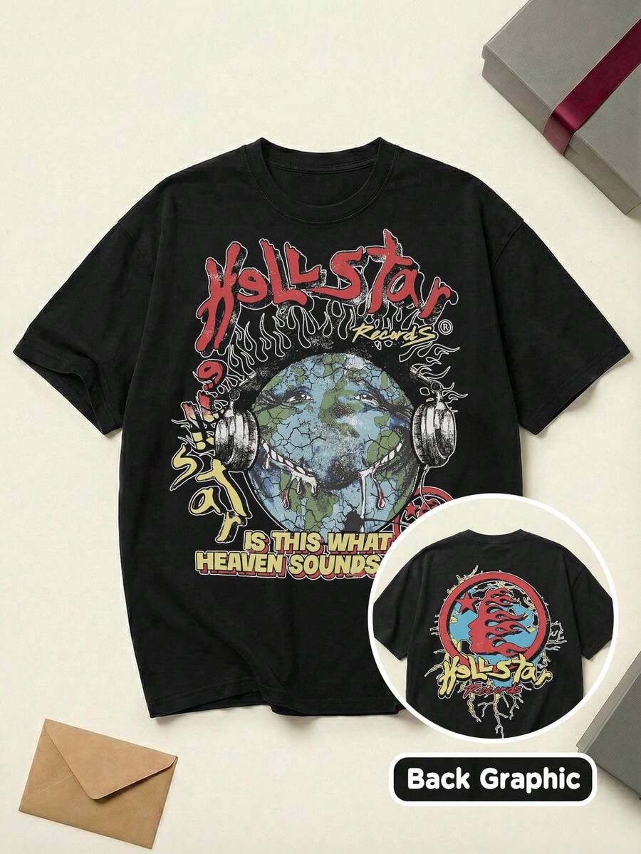 Hell Star Heaven On Earth Records Tee Acid Washed Shirt Unisex Couple Matching Boyfriend Style Hell Star Path To Paradise Text Retro Biker Badge Print Summer Outfits Cotton Graphic Tees Men Oversized T Shirt Summer Clothes Men Fall Clothes Men Winter Clothes - 黑色 - 查看 1
