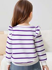 Young Girl Heart Print Ruffle Trim Crew Neck Knitted Long Sleeve Sweatshirt - Purple - View 7