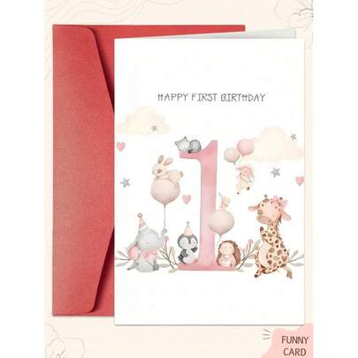 1 Thiệp chúc mừng sinh nhật lần thứ nhất chủ đề động vật ngộ nghĩnh: Thiệp sinh nhật vui nhộn theo phong cách hoạt hình, thích hợp làm quà sinh nhật hoặc quà nhỏ chúc mừng, hoàn hảo cho con gái, cháu gái và cháu ruột.