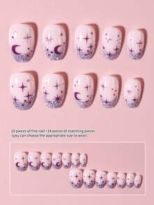 24pcs Y2K Style Short Oval Glitter French Manicure Nail Stickers, Star & Moon Pattern, Lucky Girl Style, Perfectly Fit Acrylic Nail Kit, Includes 1pc Jelly Gel And 1pc Nail File, Suitable For Women And Girls Daily Work, Study And Party Use - Multicolor - View 3