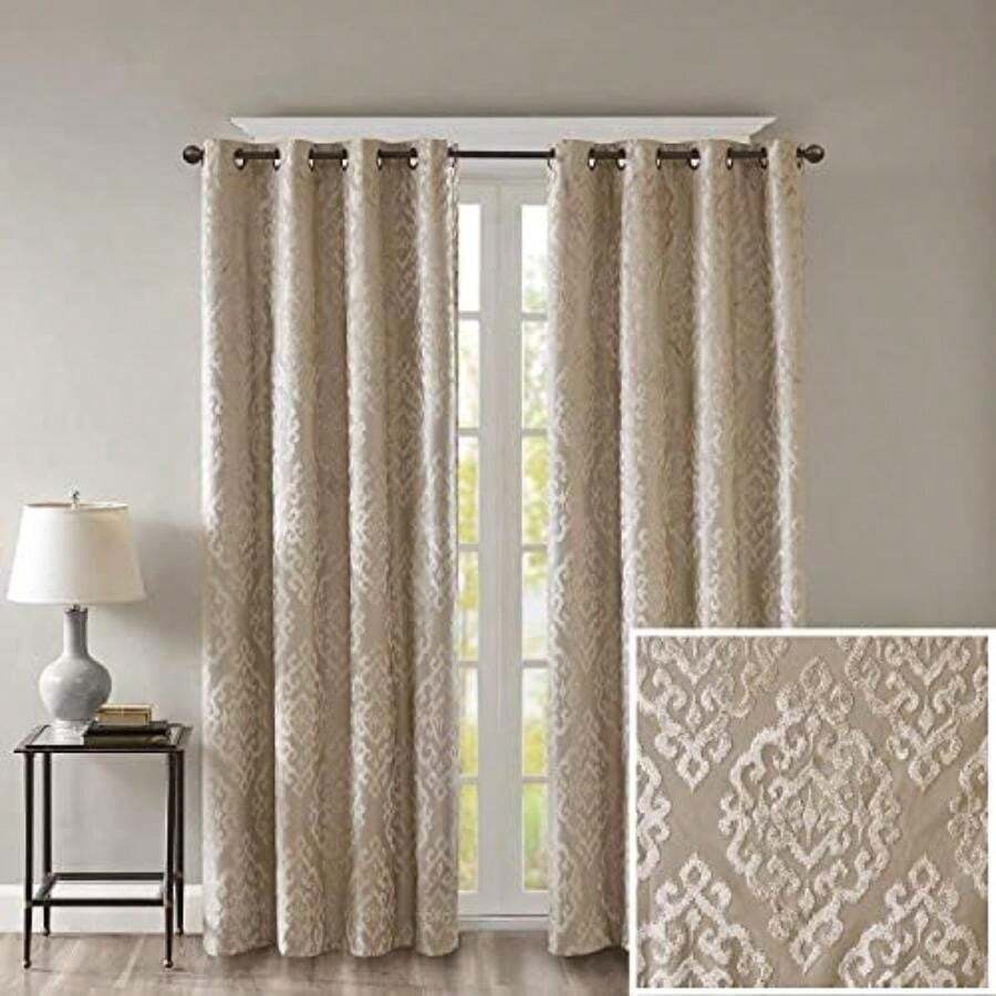 Sun Smart Mirage - Cortina oscurecedora 100% Total para Ventana, Panel de Cortina de Damasco Jacquard de Punto para oscurecer la habitación con Ojales en la Parte Superior, 50 x 108 Pulgadas, Color(127An x 213.4Al cm (1 Paneles) Champán) - Multicolor - Ver 1