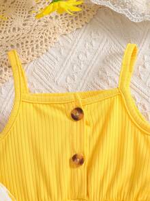 2pcs/Set Newborn Baby Girls' Printed Matching Solid Color Strap Dress Outfit, Suitable For Vacation And Travel - Yellow - View 4