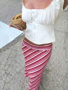 New Stylish Elegant Knitted Fabric Printed Striped Maxi Skirt, Suitable For Beach, Holiday, Daily Wear, Travel Spring - Red - View 3