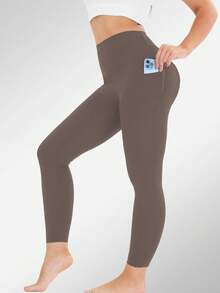 High Waisted Side Pocket Sports Pants For Women, Yoga Leggings, Seamless Fitness Yoga Pants For Spring And Summer Collection - Cà phê nâu - Xem 9