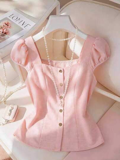 Elegant French Style Pink Square Collar Short Sleeve Blouse For Women, Fitted Design, Spring/Summer