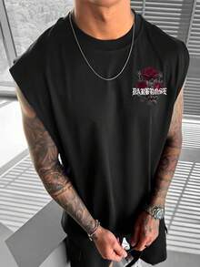 Men's Fashionable Versatile Rose Flower & English Slogan Graphic Tank Top, Summer - Black - View 3