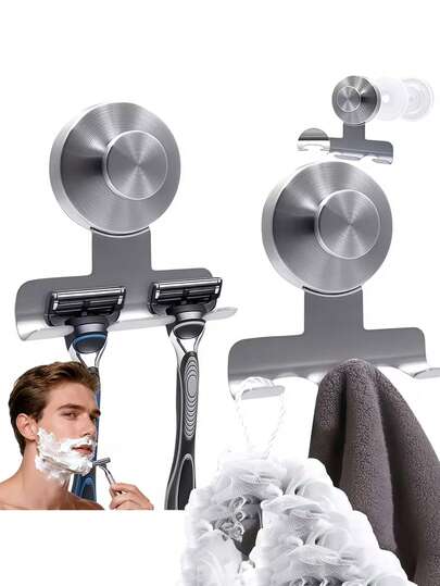 1 个重型不锈钢吸盘式剃须刀架，适用于淋浴房/浴室墙壁安装，带有可拆卸的无损挂钩，可用于悬挂毛巾、浴球和其他物品。