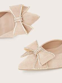 Women's New Rhinestone Bow Decor Kitten Heel Pointed Toe Slip-On Sandals, Fashionable And Elegant For Party And Formal Dress, Low Heel - Apricot - View 4