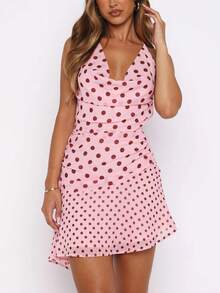 Women's Dot Halter Mini Dress Summer Fashionable Cowl Neck Sleeveless Backless Ruffle Hem Dress - Pink - View 3