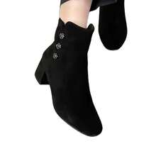 2025 Invierno Nuevas Botas  Elegantes y de Moda con Punta Afilada y Tacón Medio para Mujeres Retro de Gamuza Versátiles para Mediana Edad y Ancianos Botas de Algodón - Forro polar negro - Ver 6