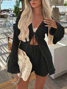 Women Solid Color Front Tie Long Sleeve Top And Shorts Resort Set Spring - 黑色 - 查看 2