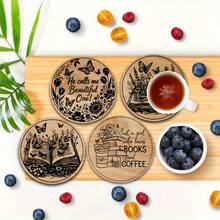 6件套 - 精致咖啡杯垫，圆形木质杯垫 - 生命之树 - 蝴蝶 - 书籍图案，复合木质杯垫，适用于咖啡杯和茶杯，阿拉伯风格派对装饰，家居和餐桌装饰，理想的派对礼物 - 彩色 - 查看 4