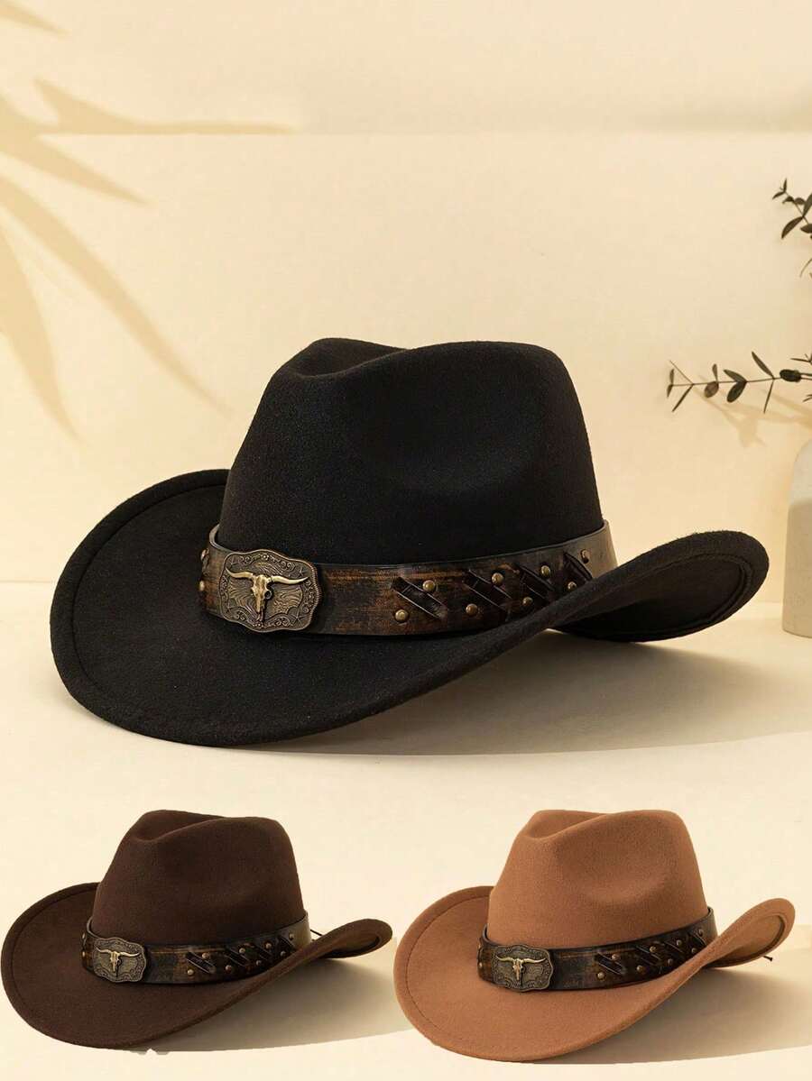 1顶男女通用涤纶西部牛仔帽，复古风格百搭帽子，带有公牛图案，适合休闲穿着、西部牛仔派对和酒吧等场合（所有尺码） - 復古牛頭帽 - 查看 1