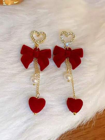 Vintage Flocked Butterfly & Heart Tassel Earrings, Luxurious Design, Elegant Retro Earrings