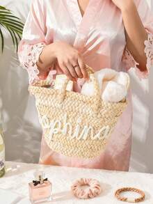 Personalized Woven Bridesmaid Bag, Bachelorette Party Tote, Custom Handled Gift Basket And Beach Bag, Gift For Weddings, Colorful DIY Burr Basket - Multicolor - View 3