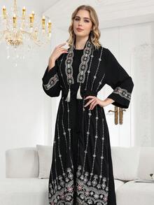 2026新款优雅银色刺绣阿拉伯女式长裙流苏两件套，时尚优雅 - 黑色 - 查看 10