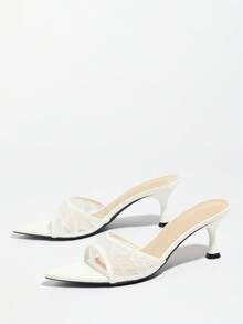 女士优雅穆勒凉鞋 - 蕾丝网面，经典尖头设计，性感收腰，宽鞋面，猫跟/细高跟/低跟，适合春夏时尚、派对、休闲、户外、旅行、职场等场合，一脚蹬，高端品质，镜面鞋面，透气蕾丝质感，简约白色鞋款 - 白色 - 查看 6