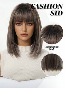12-Inch Women's Ombre Bangs Bobo Wig - Made Of Heat-Resistant Silk Material, With Rose Net Cap - Elegant And Natural, Suitable For Daily Wear, Perfect For Family Gatherings, Daily Travel, And An Ideal Gift For Girls On Holidays - Gray Highlight - View 4