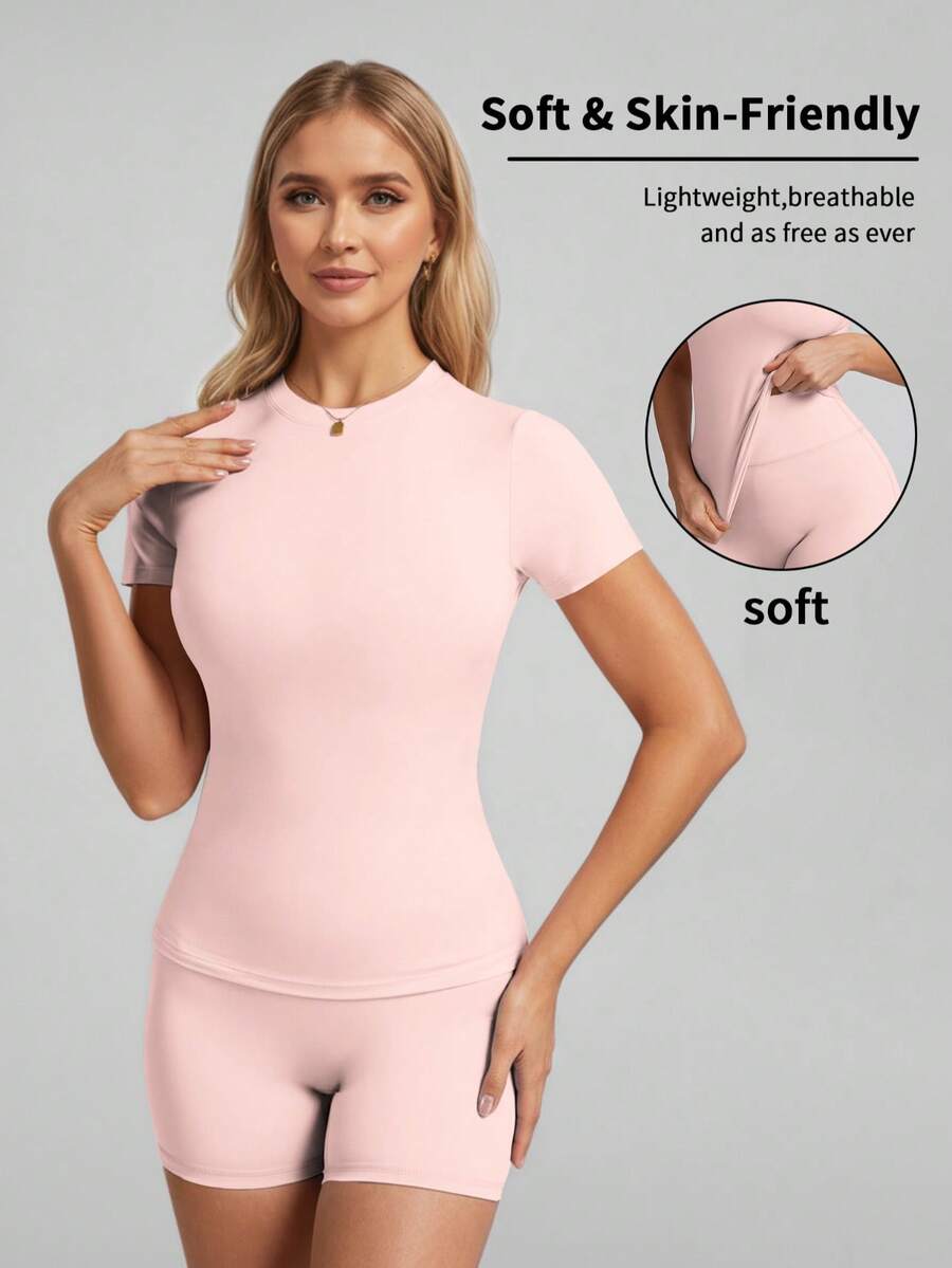 6pecil 女士纯色T恤，适合瑜伽、健身房锻炼、夏季瑜伽服、户外运动服，修身舒适，适合各种体型