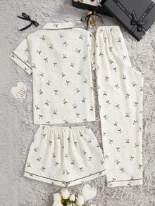 Conjunto de pijama de 3 piezas con top de manga corta con bolsillo y estampado de mariposas y puntos, y pantalones/shorts casuales y sueltos para mujer, primavera/verano - Beis - Ver 2