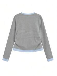 2 In 1 Striped Round Neck Long Sleeve T-Shirt Base Layer For Women, New Stylish Design Fitted Undershirt, Autumn - Grey - View 3