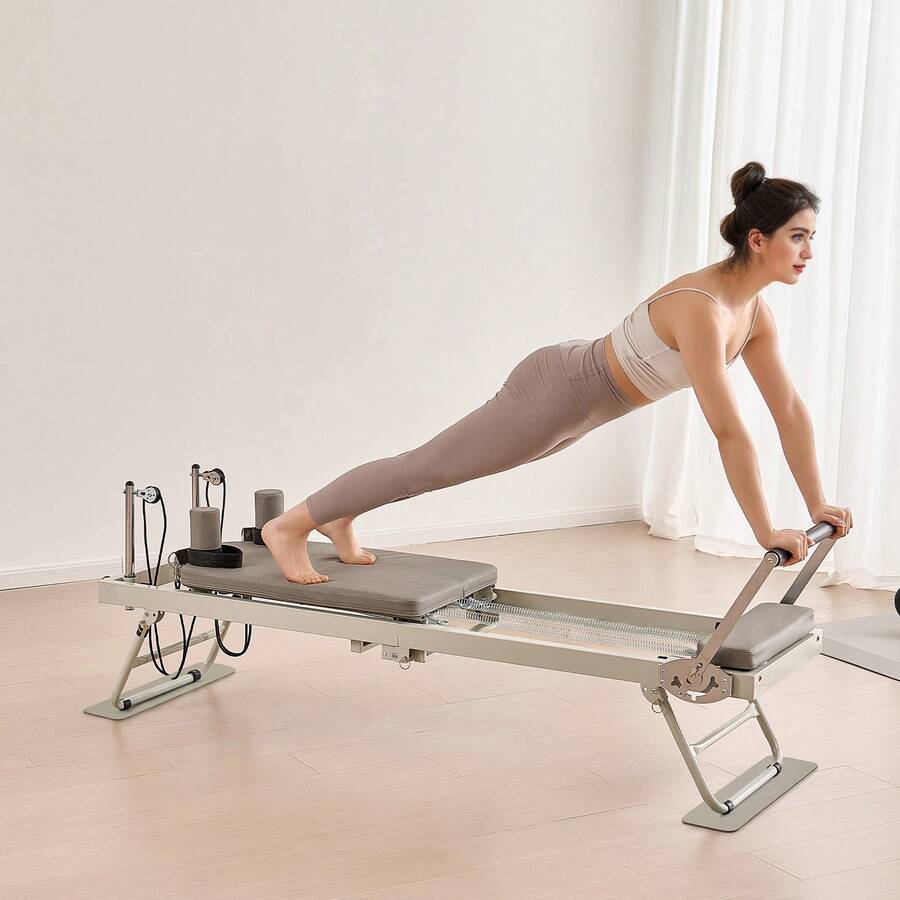 Reformador de Pilates plegable, Máquina de entrenamiento de Pilates para uso en el estudio de gimnasio en el hogar, Cama de Pilates con resistencia doble - muelle y cordón, Conjunto de reformador para usuarios avanzados y principiantes, Hasta 400 lbs - Gris - Ver 1