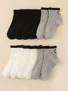 12 Pairs Kids Simple Solid Color Line & Smiling Face Pattern Ankle Socks, Suitable For All Seasons, Great For Outings And Gifts - Multicolor - View 4