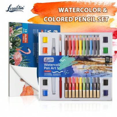 10pcs High Quality Colored Pencils With 3mm Water-Soluble Lead, Includes 12-Color Watercolor Paint Set, 1 Watercolor Brush, 1 Water Pen And A5 Size (20.3*15.2cm) Watercolor Sketchbook. Rich And Saturated Colors, Easy To Mix, Suitable For Beginners And Advanced Artists, Great For Learning Supplies And Gifts.