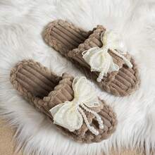 女士优雅蝴蝶结串珠布艺拖鞋，时尚休闲度假风，秋冬季 - 棕色 - 查看 15