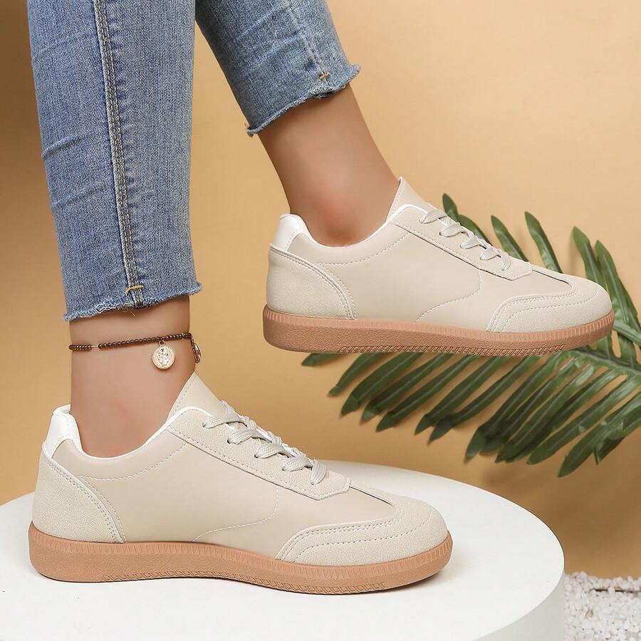 2026 New Soft Leather Women's Thick Sole White Sneakers, Fashion Versatile Spring/Autumn Casual Lightweight Trainers For Students - Beige - View 1