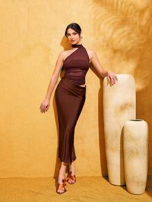 LOVE&LEMONADE Brown Ruched Waist Hollow Out Design Fitted Mesh & Satin Splice Backless Bodycon Party Dress