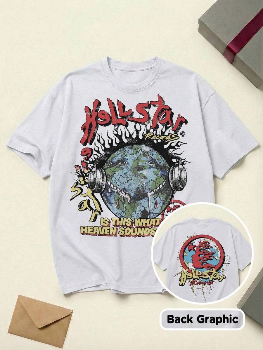 Hell Star Heaven On Earth Records Tee Acid Washed Shirt Unisex Couple Matching Boyfriend Style Hell Star Path To Paradise Text Retro Biker Badge Print Summer Outfits Cotton Graphic Tees Men Oversized T Shirt Summer Clothes Men Fall Clothes Men Winter Clothes - 白色 - 查看 1