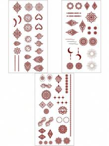 3张海娜临时纹身贴纸，红色曼陀罗图案，防水海娜纹身贴纸，曼陀罗手部纹身，适用于节日、斋月装饰、女士化妆、新娘婚礼、情人节、斋月配饰 - 棕色 - 查看 4