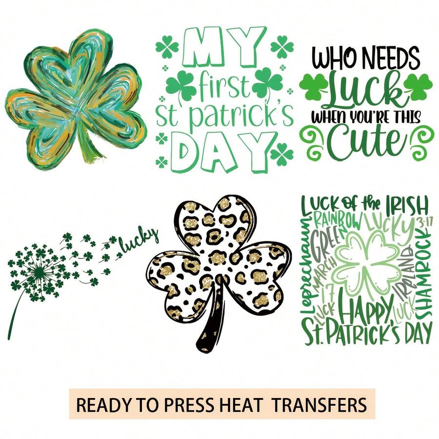6pcs Saint Patrick'S Day Various Clovers Heat Transfer Printing - Direct Transfer Printing DTF Suitable For T-Shirt, Bag, And Fabric Decoration, Washable And Durable Ironing Transfer Printing Stickers Suitable For T-Shirts, Sweatshirts, Jeans, Bags - Clothing Accessorie - Nhiều màu - Xem 1