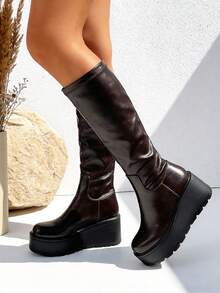 TULIPANO Women's High Boots With High Platform For Winter And Autumn High Quality Slim-Fit Boots With Thick Soles Punk Style With Round Toe, Women's High Boots In Autumn And Winter In New Design, Slim-Fitting With Thick Soles And Increasing Punk Style With High Quality Round Toe - 咖啡棕 - 查看 3