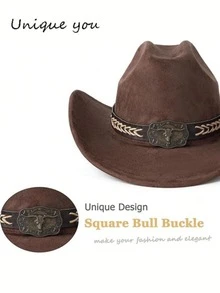 Unisex Western Cowboy Hat, Retro Style With Woven Leather Belt And Classic Silver Bull Head Decor, Suitable For Weddings, Festivals, Western Cowboy Parties And Bars - Top Hat - View 5