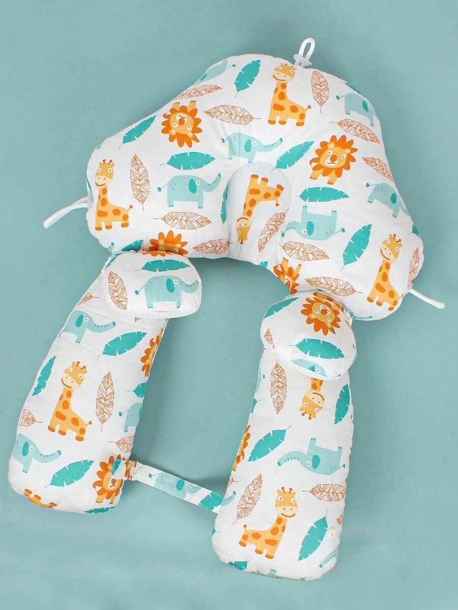 1pc New Multifunctional Reversible Baby Pillow, Cute Cartoon Animal, Feather & Leaf Print, Soft Plush, Head Shaping, All Season Use - Lion and Giraffe - View 1