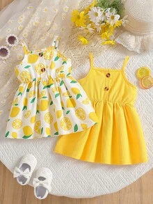 2pcs/Set Newborn Baby Girls' Printed Matching Solid Color Strap Dress Outfit, Suitable For Vacation And Travel - Yellow - View 1