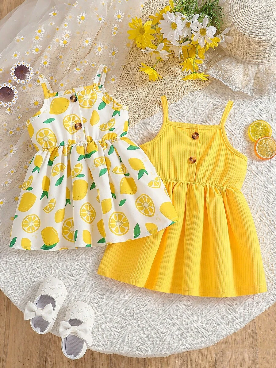 2pcs/Set Newborn Baby Girls' Printed Matching Solid Color Strap Dress Outfit, Suitable For Vacation And Travel - Yellow - View 1